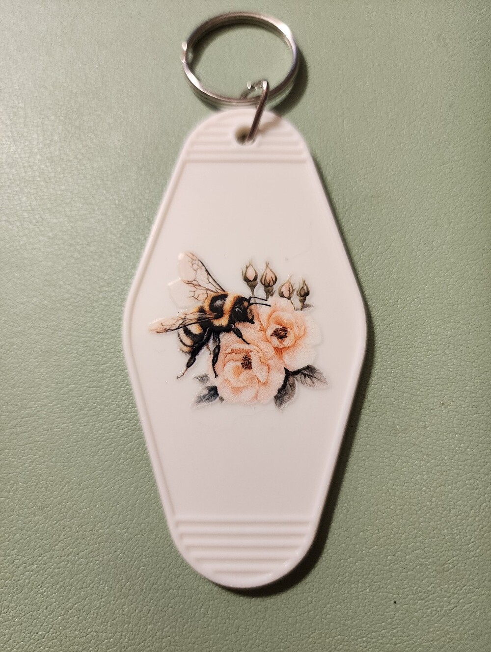 White Bee & Peach Rose Keychain - Decorative Home Accent
